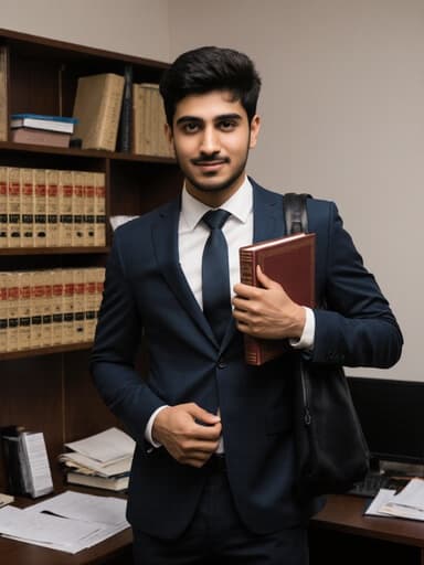 세련된 정장과 넥타이를 착용한 중동계 남성이 법무사무실에서 법률 서적을 들고 열정적인 표정을 짓고 있습니다. 배경에는 법률 서적이 가득한 책장과 컴퓨터가 있는 책상이 있어 그의 법률 직업에 대한 열정을 강조합니다.