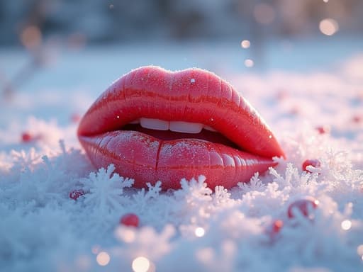 립 틴트가 서리로 덮인 바닥 위에 놓여 있으며 섬세한 얼음 장식이 있는 겨울의 고요한 기분, 부드러운 겨울 빛이 반사되고 유리 표면에 미세한 결함이 있습니다.