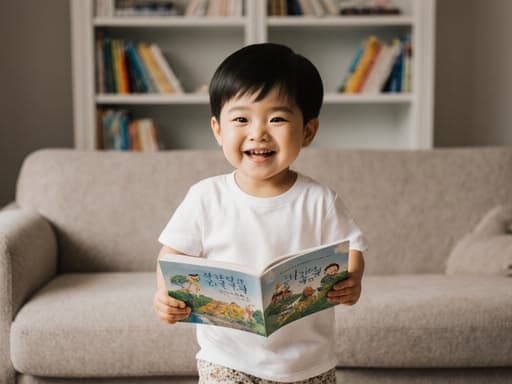 아늑한 거실에서 그림책을 들고 미소 짓고 있는 3세 한국 남자 아이의 모습으로, 배경에는 책장이 있어 편안한 분위기를 자아냅니다.