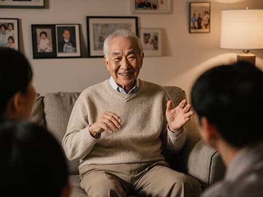 가족과의 대화를 즐기며 편안하게 소파에 앉아 있는 한국인 노인의 따뜻한 모습입니다. 자연스러운 외모와 따뜻한 미소가 아늑한 거실 배경과 어우러져 사랑과 유대감이 가득한 따뜻한 분위기를 만들어냅니다.
