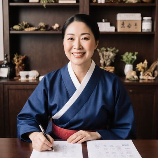40대 중동계 여성이 자연스러운 외모로 전통 한복을 입고 한의원 상담 테이블에 앉아 있는 반신 사진입니다. 긍정적인 표정을 지으며 체질 분석 서류를 바라보고 있으며, 한약재와 치료 도구들이 배치된 전통 한의원 내부에서 편안하고 따뜻한 분위기를 자아냅니다.