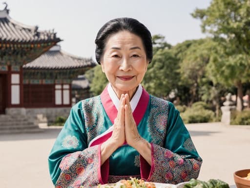 전통 한복을 입고 따뜻한 미소를 지으며 전통 음식을 준비하는 80대 아시아계 여성의 반신 촬영. 평화로운 한국 정원이 배경으로 하여 그녀의 부드러운 자세와 문화적인 분위기를 포착합니다.