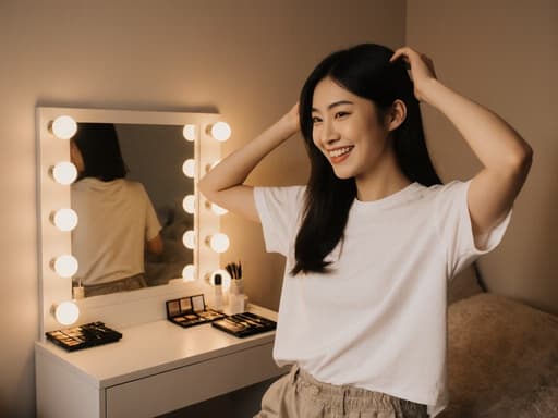 아늑한 침실에서 미소 짓고 있는 동양인 10대 후반 여성의 반신 사진입니다. 그녀는 캐주얼한 티셔츠와 편안한 바지를 입고 있으며, 화장대 거울 앞에서 손을 머리에 얹고 머리를 스타일링하며 행복하고 자유로운 분위기를 발산하고 있습니다.