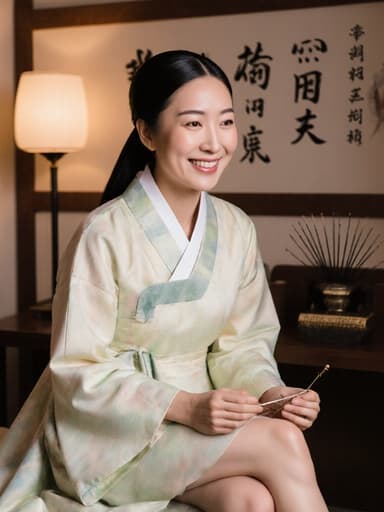 부드러운 파스텔 톤의 한복을 입고 있는 40대 아시아계 여성의 반신 사진으로, 따뜻하게 웃으며 침 치료 도구를 손에 들고 아늑한 전통 한의원의 뜸실에 앉아 있는 모습입니다.