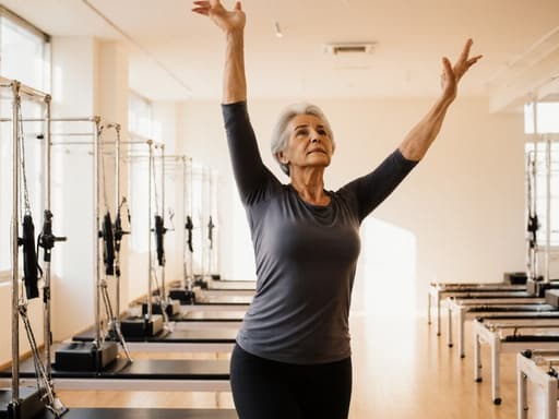 자연스러운 외모를 가진 50대 중동계 여성이 편안한 필라테스 복장을 하고 있는 반신 사진입니다. 그녀는 마치 춤추는 듯한 자세로 팔을 높이 올리고 몸을 비틀며, 다양한 장비가 배치된 따뜻하게 조명된 필라테스실에서 우아함과 피곤함을 전달합니다.