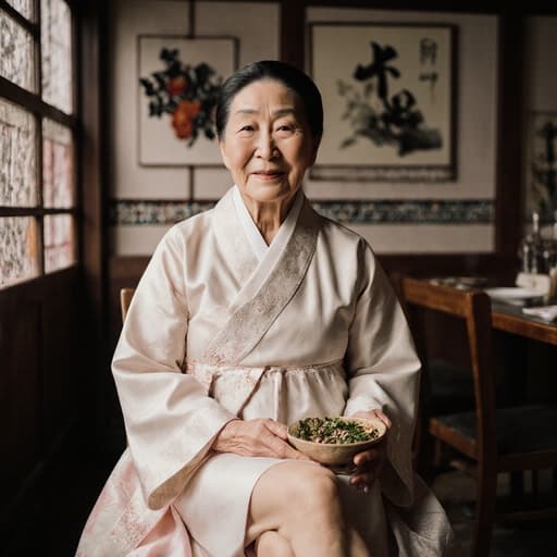 80대 한국인 여성의 반신 사진으로, 자연스러운 외모를 가진 모델이 부드러운 색조의 세련된 전통 한복을 입고 있습니다. 아늑한 카페의 전통적인 장식으로 둘러싸인 편안한 자세로 앉아 있으며, 차분하고 따뜻한 표정을 짓고 있습니다. 전통 음식 재료를 손에 들고 조리하는 자세로 다리를 뻗고 있는 모습이 장면의 진정성을 더합니다. 카페의 아늑한 분위기가 전통적인 주제를 강조하며 문화와 편안함의 조화를 이룹니다.