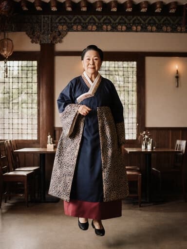 아늑한 카페에서 전통 한복을 입고 차분한 표정을 지으며 우아하게 점프하는 80대 한국인 여성의 전신 샷. 전통과 현대적인 요소가 조화롭게 배치된 공간에서 한국 문화의 아름다움을 강조합니다.