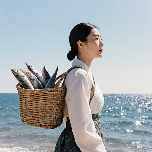이 이미지는 30대 동양인 여성이 전통 어업 의상을 입고 어깨에 물고기 바구니를 메고 해변을 걷고 있으며, 맑은 하늘 아래 고요한 바다를 바라보는 모습을 담고 있습니다. 전체 분위기는 여유롭고 해안 생활의 본질을 잘 표현하고 있습니다.