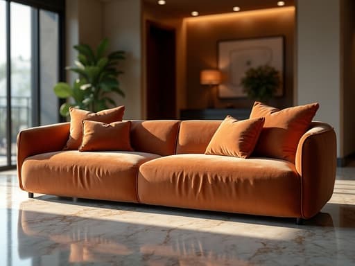 고급스러운 호텔 로비의 부드러운 분위기와 윤이 나는 대리석 바닥을 가진 우아한 디자인의 풍성한 소파, 풍부한 섬유 질감.