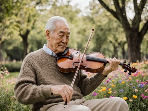 편안한 니트 스웨터와 면바지를 입은 80세의 아시아계 남성이 아름다운 공원에 앉아 악기의 줄을 살짝 만지며 음악에 몰두한 평온한 표정을 짓고 있습니다. 생기 넘치는 나무와 형형색색의 꽃들이 주변을 감싸며 차분한 분위기를 연출합니다.