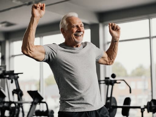 60대 유럽계 남성이 반신 촬영으로 포착되어 있으며, 편안한 운동복을 입고 있습니다. 그는 팔을 높이 들고 기쁘게 춤추며, 다양한 운동 기구가 배치된 밝은 훈련 공간을 배경으로 활기차고 생동감 넘치는 피트니스 분위기를 구현하고 있습니다.