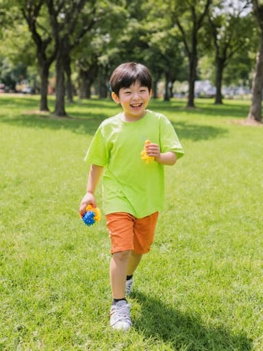 7세 남자 한국인이 귀여운 미소를 지으며 밝은 색상의 티셔츠와 반바지를 입고 장난감을 손에 들고 즐겁게 공원을 걷고 있는 모습의 전신 촬영. 배경의 푸른 잔디와 나무들이 장면의 즐겁고 유쾌한 분위기를 더해줍니다.