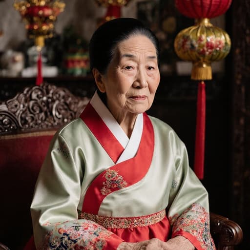 80대 백인 여성이 전통 한복을 입고 의자에 앉아 지루한 표정을 짓고 있는 모습, 화려한 전통 축제 장식이 있는 거실 배경.