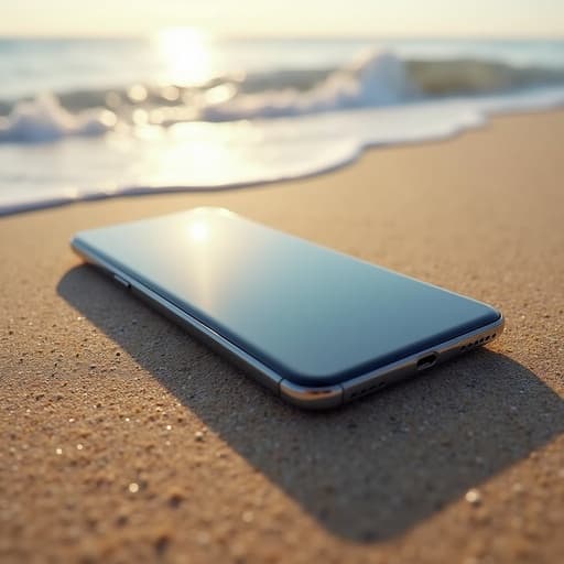 부드러운 디자인의 스마트폰이 파도가 몰아치는 해변에 놓여 있으며, 자연광이 기기를 비추고, 화면에는 미세한 반사가 보이고, 부드러운 모래 질감과 부드러운 그림자가 있으며, 얕은 심도가 느껴지는 평화롭고 생기 있는 분위기입니다.