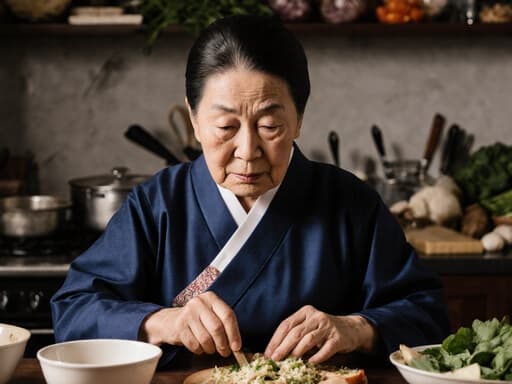 전통적인 한복을 입고 걱정스러운 표정을 지으며 식탁에서 재료를 손질하고 있는 80대 아시아계 여성의 반신 사진. 전통 한국 주방 배경에 다양한 요리 도구와 재료가 놓여 있어 가정 요리와 문화 유산의 본질을 담고 있습니다.
