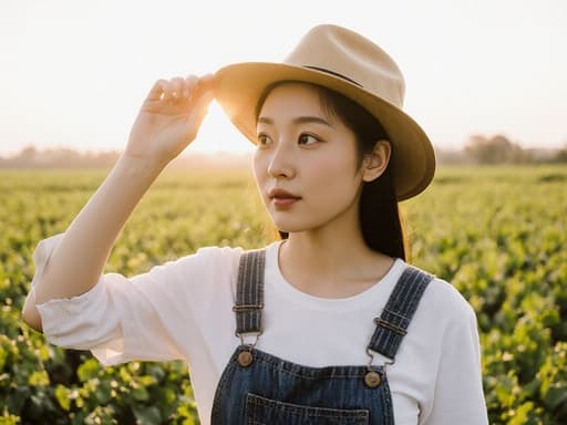 이 이미지는 농부 스타일의 의상을 입고 있는 어린 동양인 소녀가 약간 당황한 듯하지만 친근하게 보면서 관객을 인사하는 모습과 함께, 햇볕이 비치는 아름다운 농작물로 가득한 풍경을 배경으로 하고 있습니다.