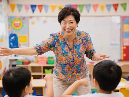 50대 동양인 여성의 반신 사진으로, 화사한 블라우스와 편안한 바지를 입고 아이들과 함께 춤추며 즐겁게 노는 모습이 담긴 유치원 내부의 알록달록한 장식과 어린이용 가구들이 배치된 공간입니다.