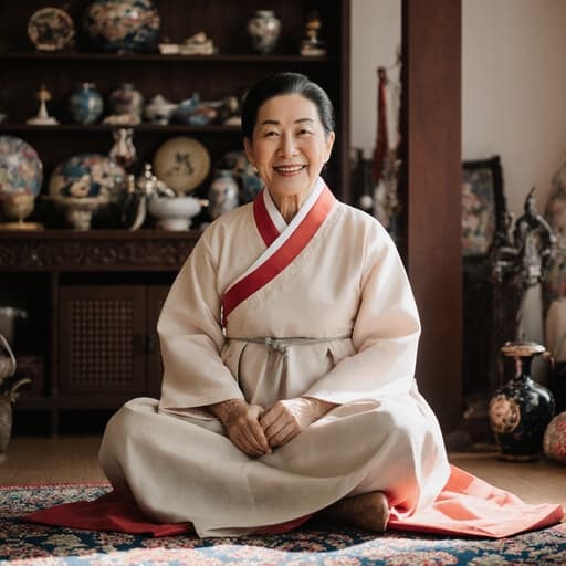 70대의 한국인 여성의 반신 샷으로, 전통 한복을 입고 아늑한 거실에 크로스 레그로 앉아 있습니다. 그녀는 만족스러운 표정을 지으며 전통 이야기를 들려주고 있으며, 배경에는 전통 소품들이 있어 문화적 분위기를 더욱 강조합니다.
