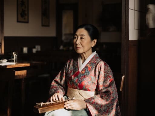전통 한복을 입고, 다리를 뻗고 앉아 전통 악기를 들고 있는 80대의 동양인 여성의 반신 사진입니다. 배경의 아늑한 카페 내부는 전통 음악을 감상할 수 있는 평화로운 분위기를 조성하며, 그녀의 지혜로운 표정과 문화의 풍부함을 강조합니다.