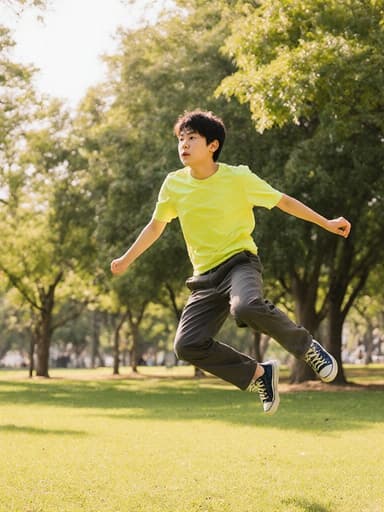 밝은 티셔츠와 운동화를 착용한 아시아계 남성이 평화로운 공원에서 점프하는 모습이 담겨 있으며, 무언가에 집중하고 있는 걱정스러운 표정을 지으며 푸른 나무와 따뜻한 햇살로 둘러싸여 있습니다.