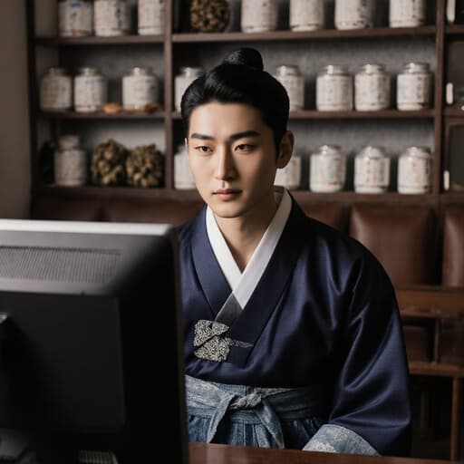 20대 아시아계 남성이 전통 한복과 세련된 맥진을 입고 전통 한방 병원의 대기실 책상에 앉아 자신감 넘치는 표정으로 컴퓨터 화면을 집중하며 바라보고 있는 모습. 배경에는 한방 약재가 진열되어 있어 고요하고 고급스러운 분위기를 자아냅니다.