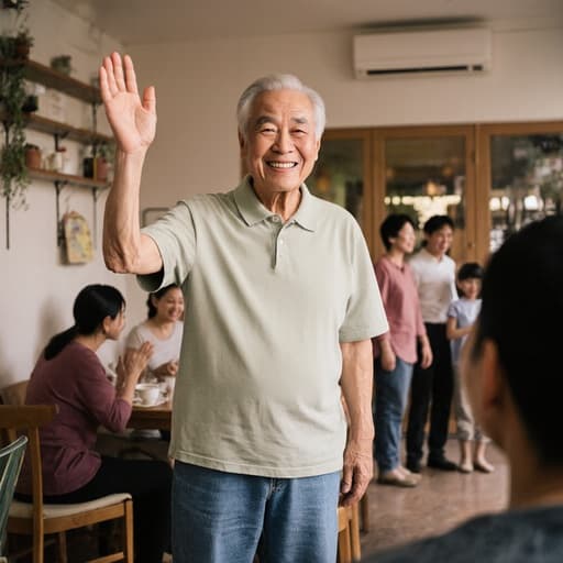 70대 아시아계 남성이 아늑한 카페에서 가족을 향해 기쁘게 손을 흔들고 있으며, 카라 티셔츠와 청바지를 입고 있습니다. 배경에는 가족이 함께 모여 있는 모습이 보이며, 가족 모임의 따뜻하고 초대하는 분위기를 담고 있습니다.