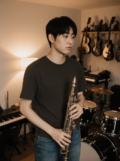 10대 후반의 아시아계 남성이 편안한 티셔츠와 청바지를 입고 악기를 들고 있는 모습이 담긴 반신 사진입니다. 그는 음악 장비가 가득한 거실에서 집중하는 표정으로 악기를 잡고 있으며, 음악에 대한 열정과 집중을 보여줍니다.