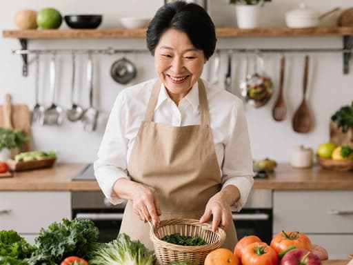 60대 아시아계 여성의 반신 사진으로, 편안한 주방용 앞치마와 캐주얼한 블라우스를 착용하고 따뜻한 미소를 짓고 있습니다. 그녀는 쇼핑 바구니를 들고 주방의 신선한 재료들을 살펴보며 요리를 즐기는 듯한 기분을 나타내고 있습니다. 배경은 다양한 조리 도구와 신선한 재료들로 가득 찬 아름답고 아늑한 주방 공간으로, 요리의 기쁨을 강조하는 매력적인 분위기를 자아냅니다.
