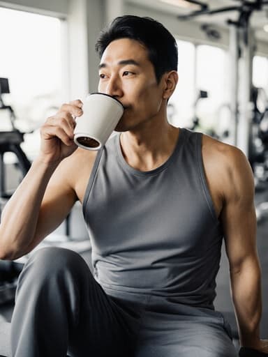 건강한 체형을 가진 40대 동양인 남성이 운동복을 입고 밝은 헬스장에서 커피를 즐기며 차분한 표정을 짓고 있습니다. 배경에는 깨끗한 운동 기구가 배치되어 있어 평화로운 운동 라이프스타일을 강조합니다.