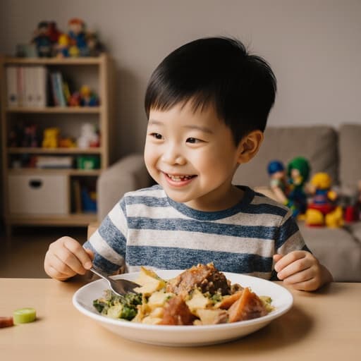 아늑한 거실의 식탁에 앉아 있는 귀여운 3세 아시아계 남자 아이의 반신 사진. 편안한 티셔츠와 반바지를 입고 있으며, 맛있는 음식을 바라보며 순수한 미소를 짓고 있습니다. 배경은 장난감과 책이 정리된 따뜻한 거실을 보여 주며, 초대하는 분위기를 연출합니다.