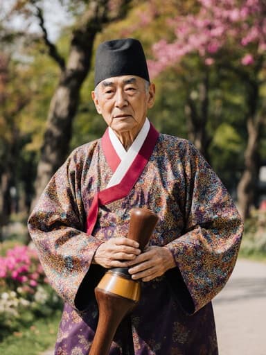 70대 혼혈 남성이 전통 한복을 입고 전통 악기를 들고 고요한 공원에서 걷고 있는 모습을 반신 샷으로 담았습니다. 그의 피곤한 표정은 음악 활동 후의 여유를 나타내며, 나무와 꽃들이 어우러진 배경이 고요한 분위기를 더합니다.