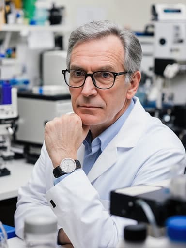 50대의 유럽계 남성이 실험실 가운과 안경을 착용하고 있는 반신 사진입니다. 그는 손으로 턱을 괴고 실험 장비를 바라보며 깊은 생각에 잠긴 표정을 짓고 있습니다. 배경에는 다양한 분석 기구들이 놓여 있어 연구와 집중을 위한 완벽한 분위기를 조성하고 있습니다.