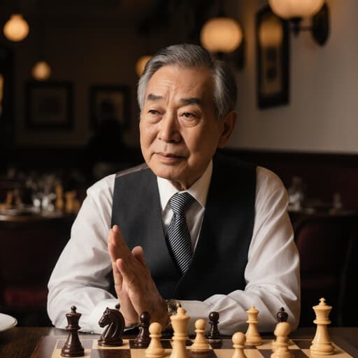 이 이미지는 80대의 아시아계 남성이 지혜로운 표정을 지으며 깔끔한 셔츠와 베스트를 입고 체스판을 바라보며 인사하는 모습을 담고 있습니다. 아늑한 카페 내부에서 체스 게임을 할 수 있는 테이블이 마련되어 있어 자신감과 지혜를 발산하고 있습니다.