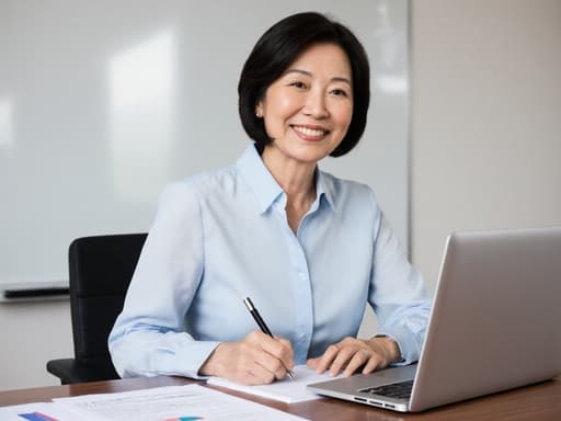 이 이미지는 50대의 동양인 여성의 반신 사진을 담고 있습니다. 그녀는 깔끔한 블라우스와 정장 바지를 입고 있으며, 회의 테이블에 앉아 노트북을 바라보며 메모를 하고 있습니다. 자연스러운 미소를 지으며 편안하고 전문적인 표정을 짓고 있습니다. 배경은 분석 자료가 놓인 회의실의 테이블과 화이트보드가 있어 그녀의 업무 참여를 강조합니다.