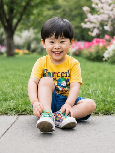 화사한 공원의 푸른 잔디 위에 앉아 화려한 색상의 티셔츠와 반바지를 입고 있는 귀여운 3세 한국 남자아이의 반신 샷. 그는 순수한 미소를 지으며 신발을 신기 위해 발을 올리고 있는 모습으로, 주변에는 나무와 꽃들이 있어 밝고 즐거운 분위기를 만들어냅니다.