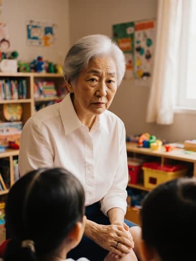 60대 동양인 여성의 반신 사진으로, 편안한 블라우스와 스커트를 착용하고 있습니다. 그녀는 아기자기한 유아 학습실에서 의자에 앉아 아이들과 대화하고 있으며, 찡그린 표정으로 진지한 감정을 표현하고 있습니다. 배경에는 책과 장난감이 가득한 아늑하고 화려한 공간이 있어 교육적인 주제를 더욱 강조합니다.