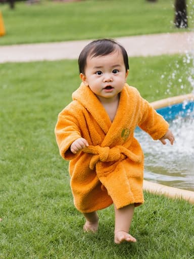 밝은 색의 목욕 가운을 입고 호기심이 가득한 표정으로 주위를 살펴보고 있는 1세 아시아계 남자 아기의 전신 사진. 아기가 물놀이를 하기 위해 푸르고 싱그러운 공원에서 놀고 있는 자세로 달려가고 있으며, 주변에는 생기 넘치는 잔디가 펼쳐져 있습니다. 이 배경은 어린 시절의 순수함과 호기심을 강조하며 즐겁고 모험적인 분위기를 전달합니다.