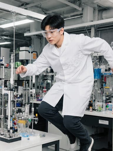 최신 장비가 구비된 실험실에서 화이트 실험복과 안전 안경을 착용한 10대 초반의 한국인 남성이 실험 기구를 향해 점프하며 자신감 넘치고 에너제틱한 모습을 보여주는 풀 바디 샷입니다.