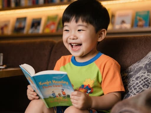 아늑한 카페에 앉아 있는 3세 동양인 남자아이의 반신 사진. 화려한 색상의 티셔츠와 반바지를 입고 있으며, 입을 크게 벌리고 즐겁게 웃고 있습니다. 한 손에는 열린 책을 들고 있어, 독서에 몰입하고 있는 모습입니다. 배경은 따뜻한 조명과 책장으로 구성되어 있어 카페의 아늑한 분위기를 더욱 강조하며, 장면에 생동감과 즐거움을 더해줍니다.