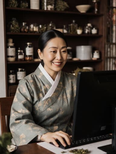 50대 혼혈 여성이 전통적인 한복을 입고 컴퓨터를 사용하며 한약 조제 정보를 검색하는 모습의 반신 사진. 한약재와 전통적인 조제 도구들이 배치된 한약 조제실에서 미소를 지으며 자연스러운 아름다움을 드러냄.
