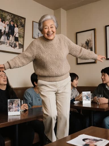 80대 한국인 여성이 자연스러운 외모로 편안한 니트 스웨터와 밝은 색상의 바지를 입고 온몸을 담은 모습입니다. 그녀는 가족과 대화하면서 즐겁게 점프하고 있으며, 만족스러운 미소를 짓고 있습니다. 배경은 가족 사진으로 장식된 아늑한 카페 인테리어로, 따뜻함과 연결의 느낌을 강조합니다.