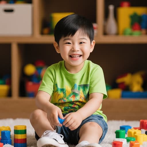 귀여운 외모를 가진 7세 한국인 남성이 아기자기한 장난감들로 가득한 아늑한 놀이방에서 반신 촬영된 모습입니다. 밝은 색상의 티셔츠와 반바지, 스니커즈를 착용한 그는 장난감을 가지고 즐겁게 놀고 있으며, 장난스러운 표정으로 아이의 순수함과 즐거움을 강조하는 아늑한 분위기의 놀이방에 둘러싸여 있습니다.