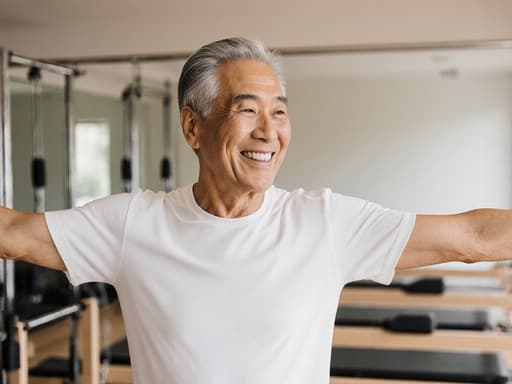 편안한 필라테스 의상을 입고 밝게 웃으며 스트레칭하는 60대 동양인 남성의 반신 촬영. 배경은 필라테스 스튜디오의 아늑하고 편안한 분위기로, 긍정적이고 활기찬 느낌을 전달합니다.