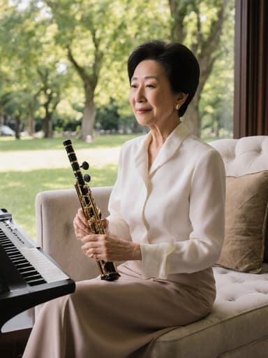 60대의 우아한 동양인 여성이 세련된 블라우스와 긴 스커트를 입고 소파에 앉아 악기를 들고 음악에 맞춰 살짝 흔들고 있는 모습. 부드러운 햇살이 비치는 푸른 공원이 배경으로 어우러져 있습니다.