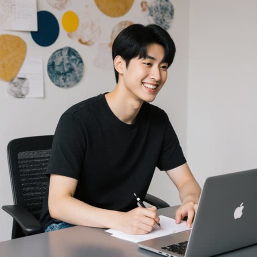 한 회의 테이블에 앉아 있는 자연스러운 외모의 10대 후반 한국 남성의 반신 사진입니다. 그는 캐주얼한 티셔츠와 청바지를 입고 밝게 웃으며 노트북을 바라보고 있습니다. 한 손으로 메모를 하며 창의성과 집중력을 발산하고 있습니다. 배경은 창의적인 디자인 자료로 장식된 현대적인 회의실로, 혁신과 협업의 분위기를 강조합니다.