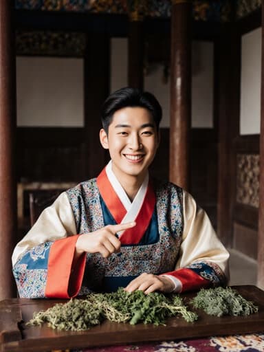 밝은 전통 한복을 입고 있는 혼혈 남성 10대 후반의 반신 사진으로, 전통 약초가 놓인 나무 테이블을 가리키며 행복하게 미소짓고 있는 모습이 전통 한옥의 따뜻하고 초대하는 내부에서 촬영되었습니다.