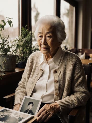 아늑한 카페에 앉아 있는 80대 아시아계 여성의 평화로운 초상, 편안한 블라우스와 니트 카디건을 입고 가족 사진을 바라보며 따뜻하게 미소 짓고 있는 모습, 주변에 식물이 있는 모습.