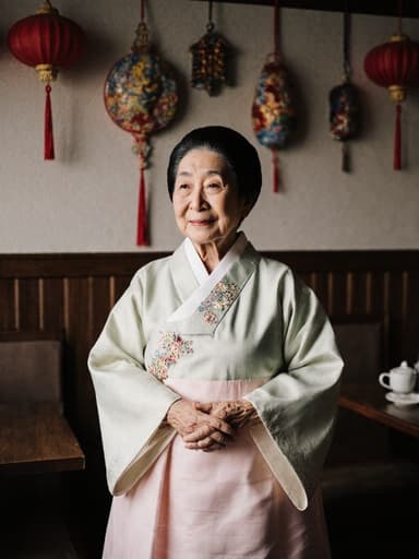 부드러운 파스텔 톤의 전통 한복을 입은 80대 동양인 여성의 반신 사진, 따뜻한 미소를 지으며 인사하는 자세로 손을 모은 모습이 전통 장식이 가득한 축제 분위기의 카페 배경과 함께 담겨 있습니다.