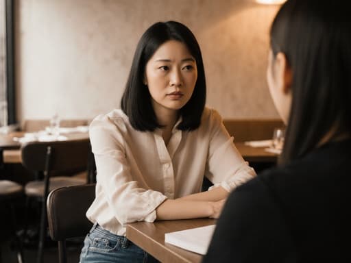 30대 아시아계 여성이 자연스러운 외모로 캐주얼한 블라우스와 청바지를 입고 아늑한 레스토랑 테이블에 앉아 있습니다. 그녀는 손을 테이블에 올려놓고 친구와 대화하며 무표정으로 약간의 긴장감을 느끼고 있는 모습입니다. 부드러운 조명이 비추는 아늑한 분위기의 레스토랑이 따뜻한 분위기를 만들어냅니다.