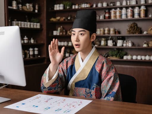 10대 후반의 한국인 남성이 자연스러운 외모로 전통 한복을 착용하고 있는 반신 사진입니다. 깔끔한 디자인과 화려한 색상이 돋보이는 한복을 입고, 테이블에 앉아 놀란 표정을 지으며 눈을 크게 뜨고 자신의 몸을 가리키며 체질 분석 결과를 보고 있습니다. 배경은 전통적인 치료실로, 한쪽 벽에는 한방 약재와 도구들이 깔끔하게 정리되어 있어 문화적인 분위기를 더하고 있습니다. 따뜻하고 초대하는 조명이 전체적인 분위기를 조화롭게 만들어 전통 건강의 본질을 포착하고 있습니다.